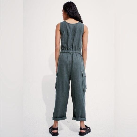 Back Beat Co Linen Blend Cargo Jumpsuit Deep teal  Utility Lounge Coastal Size M - Picture 2 of 9